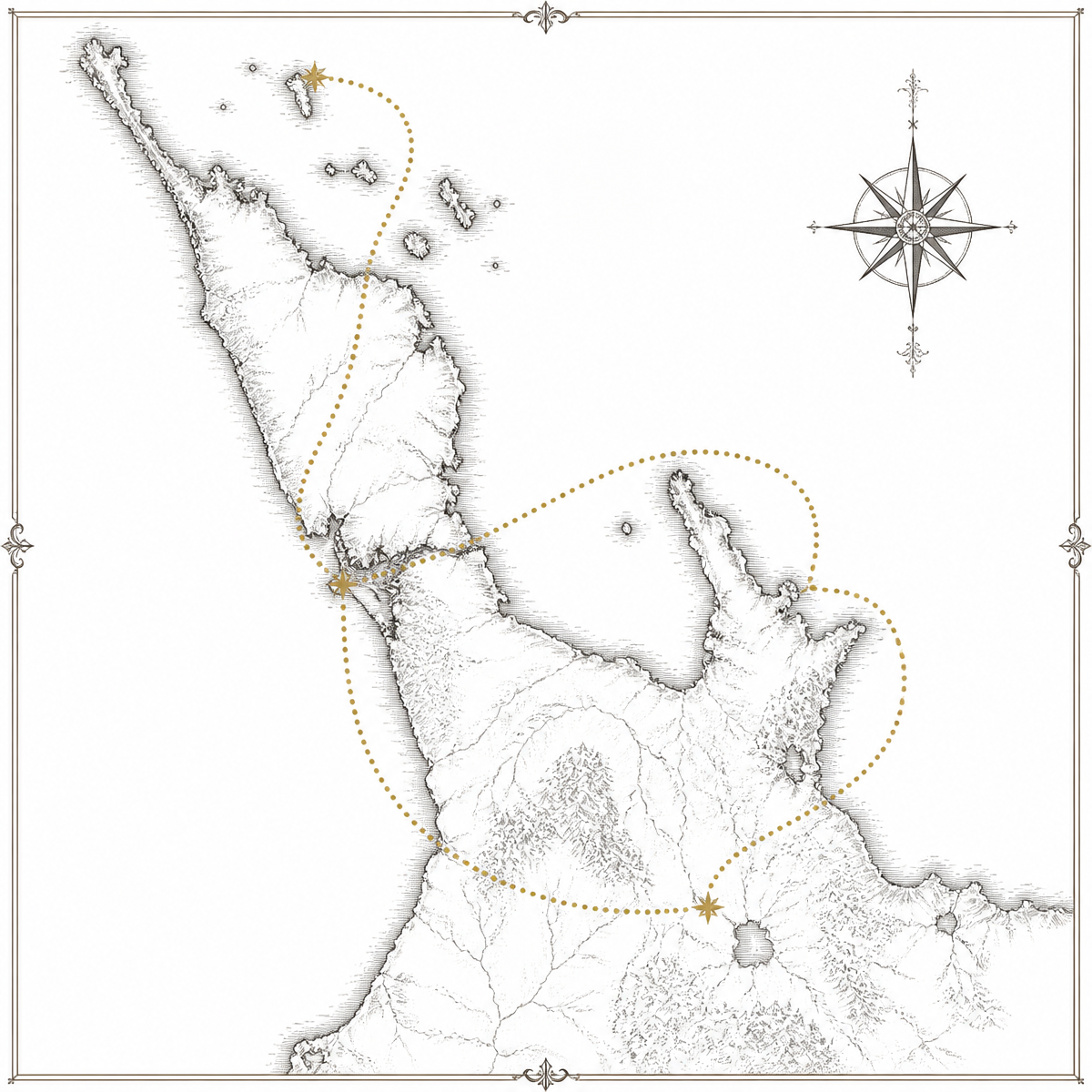 Hand-drawn chart of New Zealand showing the The Northern Discovery route