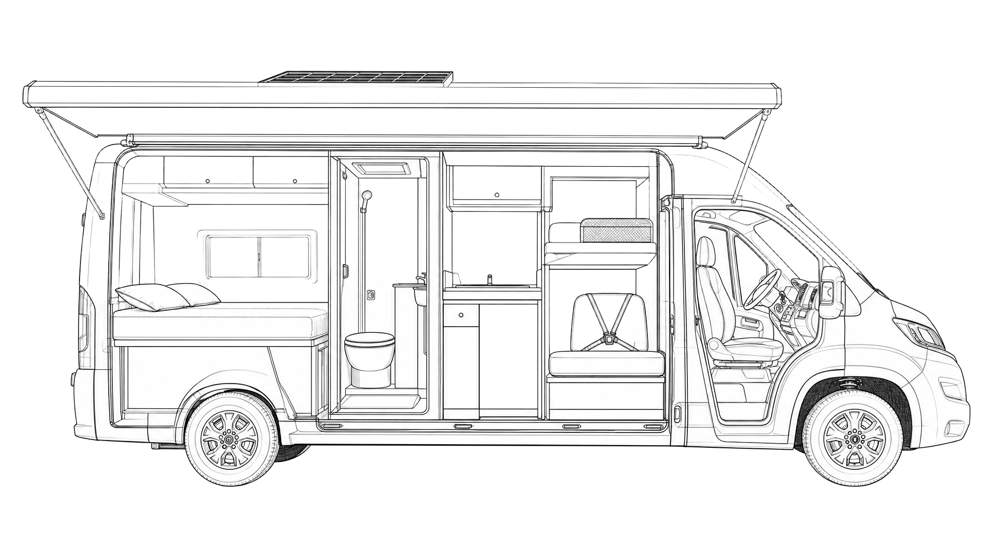 Cutaway line drawing showing the rear saloon bed, bathroom, child's bed and belted seat behind the driver
