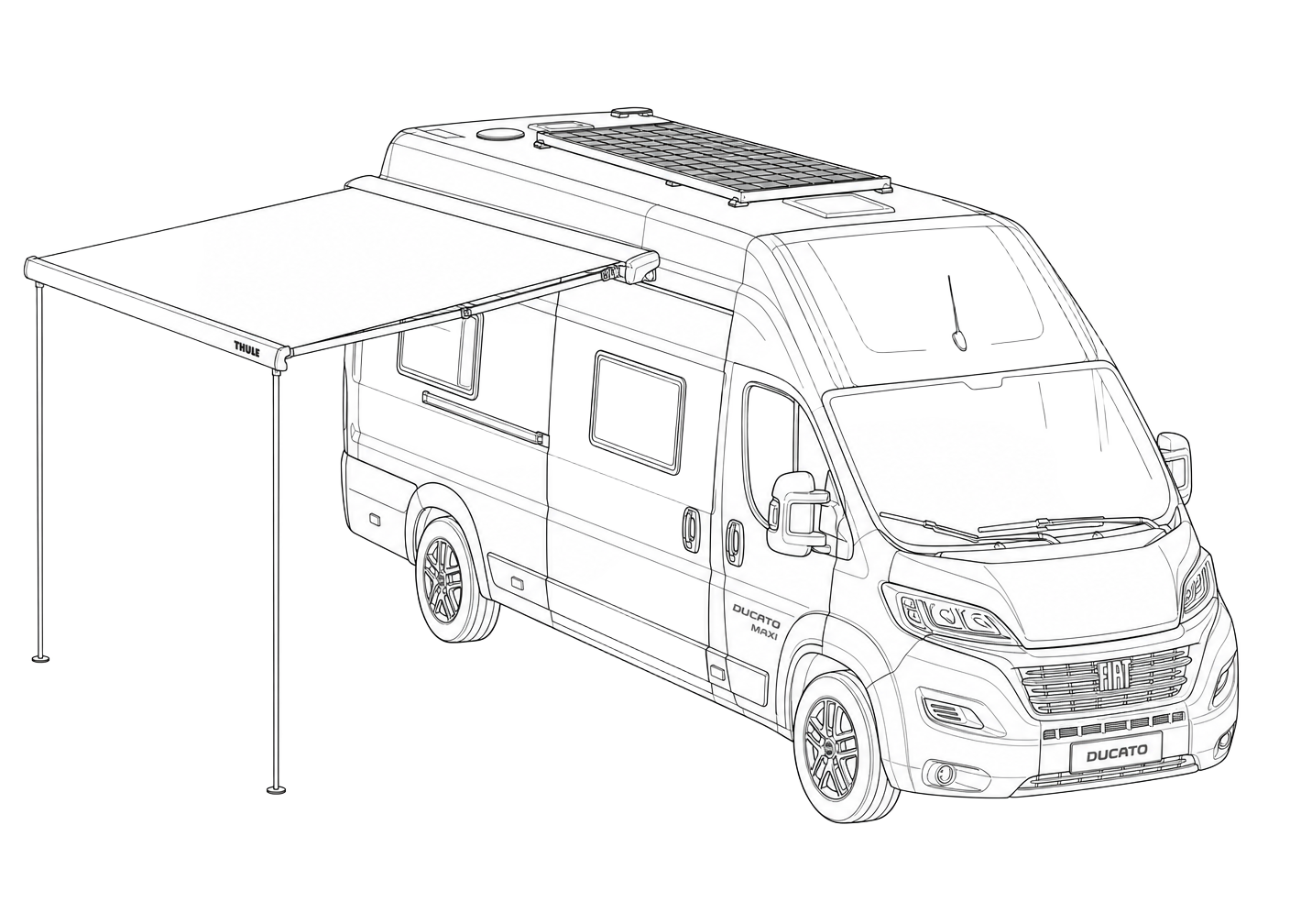 Line drawing of the Fiat Ducato Maxi camper with Thule awning extended and roof solar panel