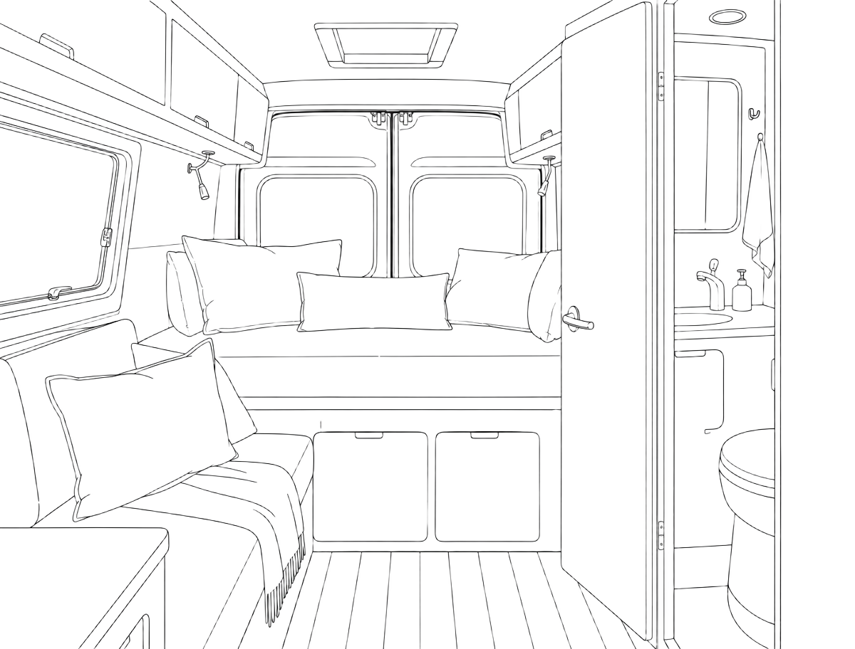 Line drawing of the camper interior looking towards the rear saloon bed and bathroom